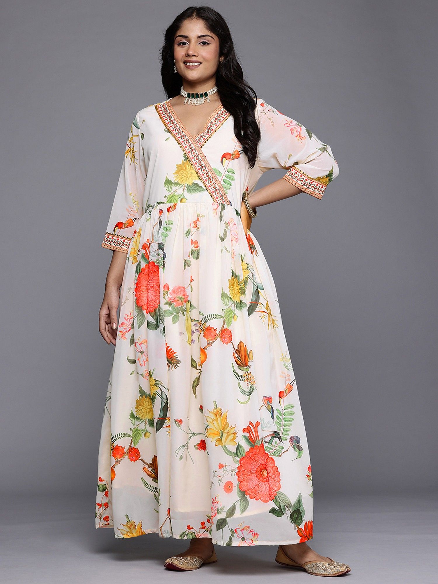 Off White Floral Off White Georgette Maxi Dress-image-3