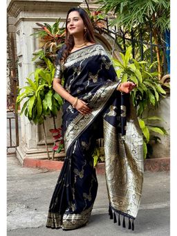 ELITE WEAVES - Black Banarasi Jaal Silk Gold Zari Meenakari Woven Saree With Unstitched Blouse