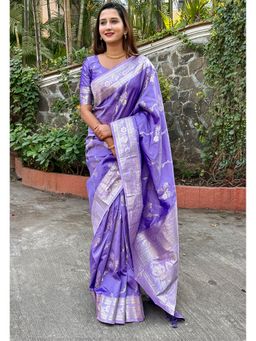 ELITE WEAVES - Purple Banarasi Jaal Gold Zari Meenakari Woven Saree With Unstitched Blouse