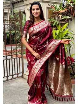 ELITE WEAVES - Maroon Banarasi Jaal Gold Zari Meenakari Woven Saree With Unstitched Blouse