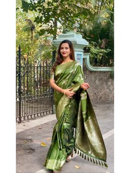 ELITE WEAVES - Green Banarasi Jaal Silk Gold Zari Meenakari Woven Saree With Unstitched Blouse