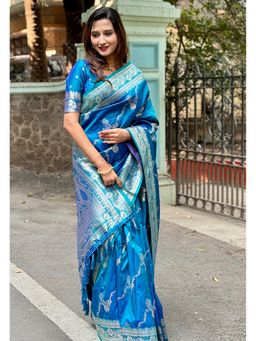 ELITE WEAVES - Blue Banarasi Jaal Soft Silk Gold Zari Meenakari Woven Saree With Unstitched Blouse