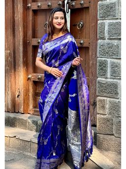 ELITE WEAVES - Blue Banarasi Jaal Soft Silk Gold Zari Meenakari Woven Saree With Unstitched Blouse