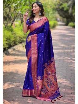 ELITE WEAVES - Blue Contrast Zari Woven Paithani Silk Saree With Unstitched Blouse