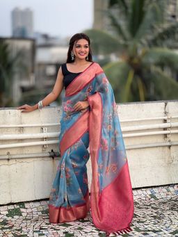 ELITE WEAVES - Blue Crush Silk Floral Printed Saree With Unstitched Blouse Zari Woven Border
