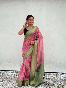 ELITE WEAVES - Pink Crush Silk Floral Printed Saree With Unstitched Blouse Zari Woven Border