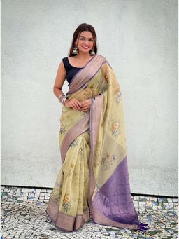 ELITE WEAVES - Green Crush Silk Floral Printed Saree With Unstitched Blouse Zari Woven Border
