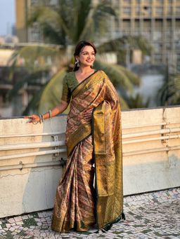 ELITE WEAVES - Multi-Color Dharmavaram Silk Traditional Zari Woven Saree With Unstitched Blouse