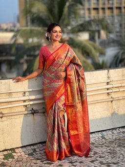ELITE WEAVES - Multi-Color Dharmavaram Silk Traditional Zari Woven Saree With Unstitched Blouse