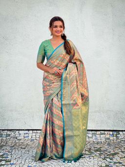 ELITE WEAVES - Multi-Color Dharmavaram Silk Traditional Zari Woven Saree With Unstitched Blouse