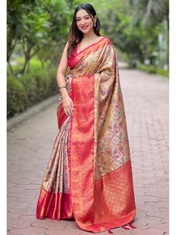 ELITE WEAVES - Multi-Color Dharmavaram Silk Traditional Zari Woven Saree With Unstitched Blouse