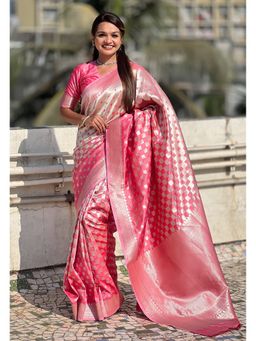 ELITE WEAVES - Pink Banarasi Soft Silk Zari Woven 3D Saree with Unstitched Blouse
