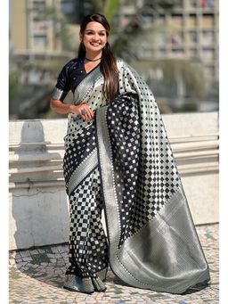 ELITE WEAVES - Black Banarasi Soft Silk Zari Woven 3D Saree with Unstitched Blouse