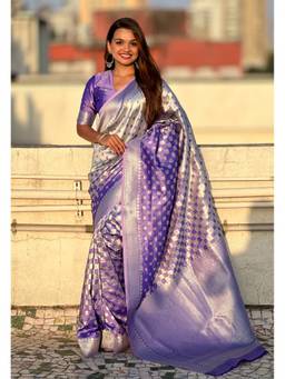 ELITE WEAVES - Purple Banarasi Soft Silk Zari Woven 3D Saree with Unstitched Blouse