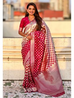 ELITE WEAVES - Magenta Banarasi Soft Silk Zari Woven 3D Saree with Unstitched Blouse