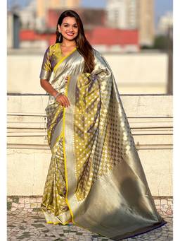 ELITE WEAVES - Green Banarasi Soft Silk Zari Woven 3D Saree with Unstitched Blouse