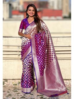 ELITE WEAVES - Purple Banarasi Soft Silk Zari Woven 3D Saree with Unstitched Blouse