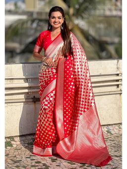 ELITE WEAVES - Red Banarasi Soft Silk Zari Woven 3D Saree with Unstitched Blouse