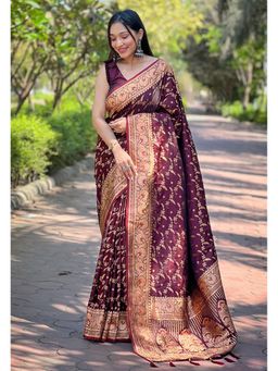 ELITE WEAVES - Maroon Banarasi Jaal Katan Silk Zari Woven Saree With Unstitched Blouse
