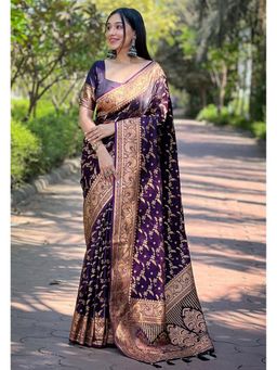 ELITE WEAVES - Wine Banarasi Jaal Katan Silk Zari Woven Saree With Unstitched Blouse