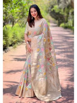 ELITE WEAVES - Grey Soft Silk Contrast Gold Zari Woven Saree with Unstitched Blouse