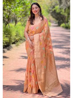 ELITE WEAVES - Peach Soft Silk Contrast Gold Zari Woven Saree with Unstitched Blouse