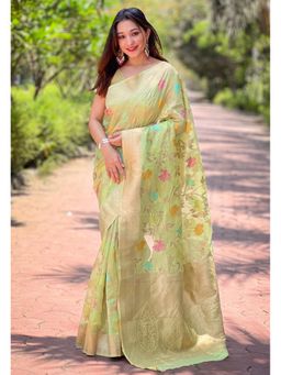 ELITE WEAVES - Green Soft Silk Contrast Gold Zari Woven Saree with Unstitched Blouse