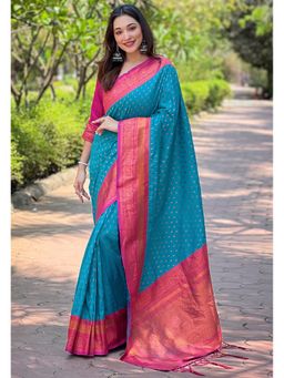 ELITE WEAVES - Blue Contrast 1000 Butti Zari Woven Paithani Silk Saree with Unstitched Blouse