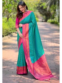 ELITE WEAVES - Green Contrast 1000 Butti Zari Woven Paithani Silk Saree with Unstitched Blouse