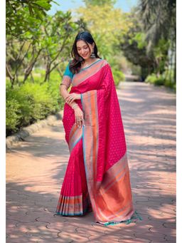 ELITE WEAVES - Pink Contrast 1000 Butti Zari Woven Paithani Silk Saree with Unstitched Blouse