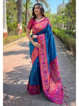 ELITE WEAVES - Blue Meenakari Muniya Paithani Silk Zari Woven Saree with Unstitched Blouse