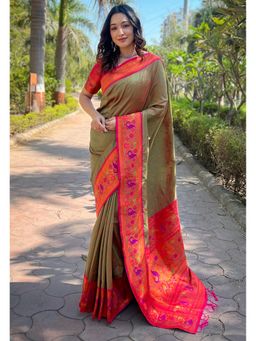 ELITE WEAVES - Green Meenakari Muniya Paithani Silk Zari Woven Saree with Unstitched Blouse