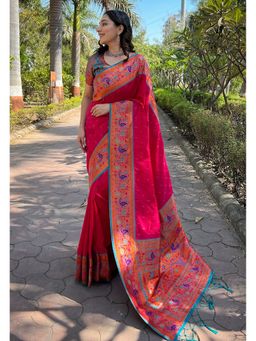 ELITE WEAVES - Pink Meenakari Muniya Paithani Silk Zari Woven Saree with Unstitched Blouse