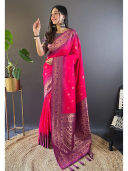 ELITE WEAVES - Pink Soft Silk Floral Border Contrast Zari Woven Saree with Unstitched Blouse