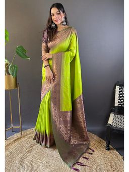 ELITE WEAVES - Green Soft Silk Floral Border Contrast Zari Woven Saree with Unstitched Blouse