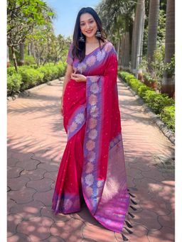 ELITE WEAVES - Pink Soft Silk Floral Border Zari Woven Saree with Unstitched Blouse