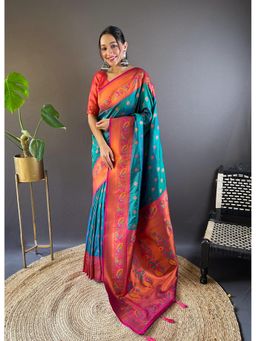 ELITE WEAVES - Green Original Meenakari Paithani Silk Zari Woven Saree with Unstitched Blouse