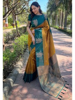 ELITE WEAVES - Mustard Silk Floral Border Contrast Zari Woven Saree with Unstitched Blouse