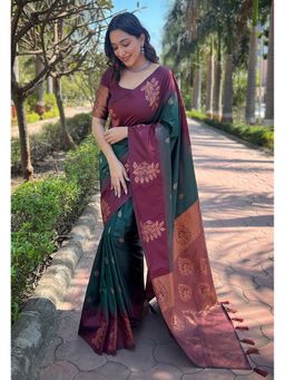 ELITE WEAVES - Green Soft Silk Floral Border Contrast Zari Woven Saree with Unstitched Blouse