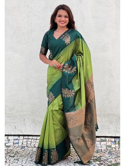 ELITE WEAVES - Green Soft Silk Floral Border Contrast Zari Woven Saree with Unstitched Blouse