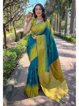 ELITE WEAVES - Blue Soft Silk Floral Border Contrast Zari Woven Saree with Unstitched Blouse