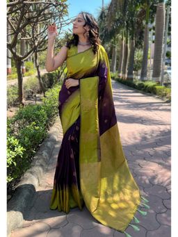 ELITE WEAVES - Purple Silk Floral Border Contrast Zari Woven Saree with Unstitched Blouse