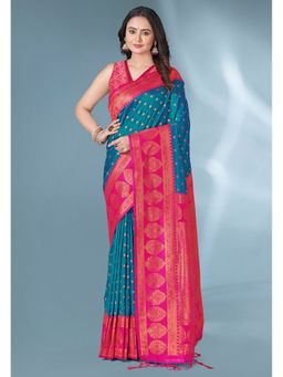 ELITE WEAVES - Blue Polka Paithani Silk Contrast Zari Woven Saree With Unstitched Blouse