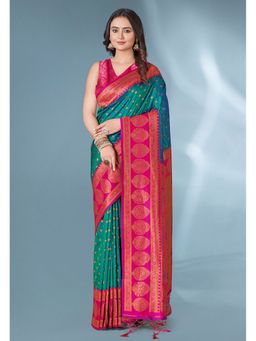 ELITE WEAVES - Green Polka Paithani Silk Contrast Zari Woven Saree With Unstitched Blouse