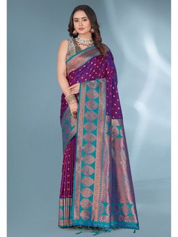ELITE WEAVES - Purple Polka Paithani Silk Contrast Zari Woven Saree With Unstitched Blouse