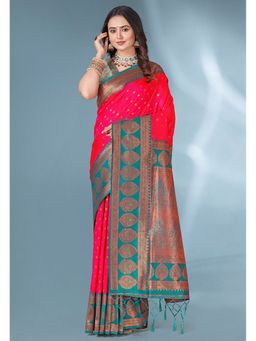 ELITE WEAVES - Red Polka Paithani Silk Contrast Zari Woven Saree With Unstitched Blouse