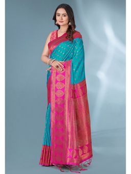 ELITE WEAVES - Blue Polka Paithani Silk Contrast Zari Woven Saree With Unstitched Blouse