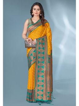 ELITE WEAVES - Yellow Polka Paithani Silk Contrast Zari Woven Saree With Unstitched Blouse
