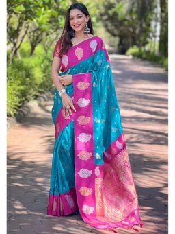 ELITE WEAVES - Blue Soft Silk Contrast Zari Woven Saree with Unstitched Blouse