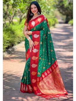 ELITE WEAVES - Green Soft Silk Contrast Zari Woven Saree with Unstitched Blouse